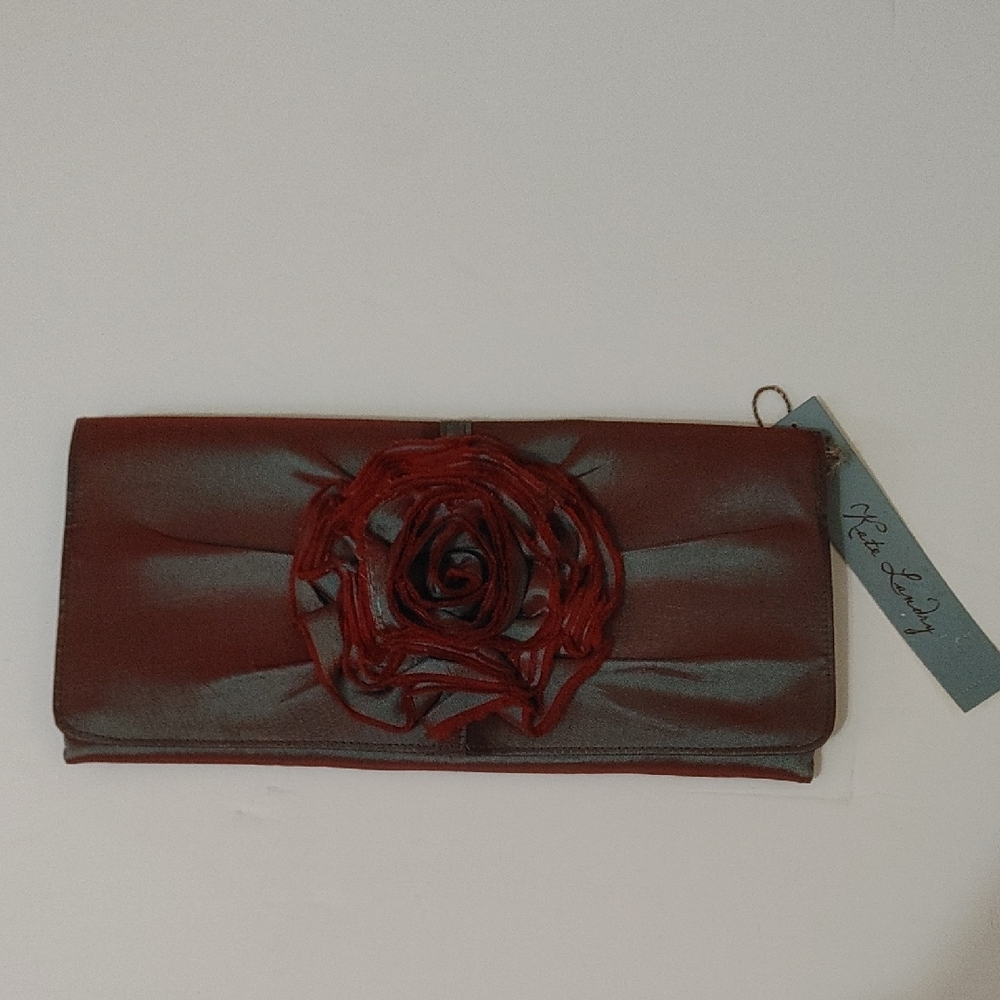 NWT Kate Landry Burgundy Iridescent Clutch with Rose Detail